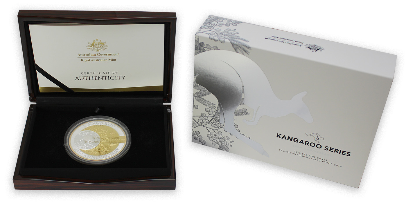 Stříbrná pozlacená mince Kangaroo série - 25. výročí 5 Oz 2018 Proof